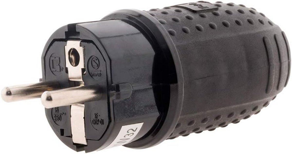 Mannelijke Rubber Plug 16A Waterdicht IP44 - Elektrische Kabel met Striptang - Maximale Vermogen 3680W - Gecertificeerd - Zwart - 0,3m
