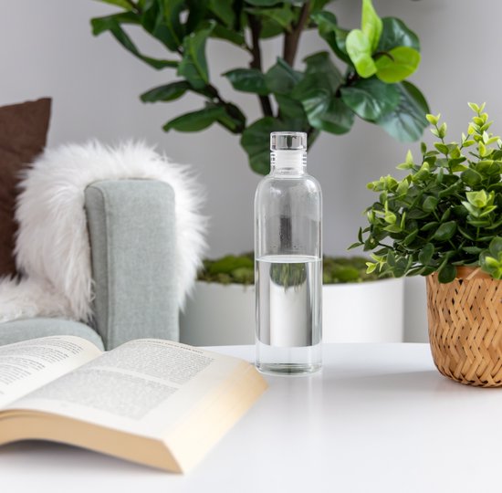 Glazen fles met water op een tafel naast een boek en plant.