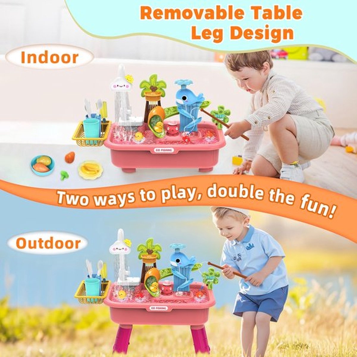 Watertafel Voor Peuters Van 4-13 Jaar, Watertafel Met Pomp, Speelgoedkeukenset Voor Kinderen Van 4-8 Jaar, Speelgootsteen Met Stromend Water En Elektrische Kraan, Inclusief Speelgroenten, Servies En Visspel (roze) — afbeelding 6