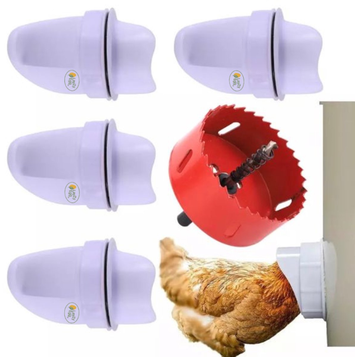 LayZyEgg® Automatisch Voersysteem voor Pluimvee – 4x Feeder + Gatenzaag – Voerbak voor Kippen - Pluimvee Voersysteem / voerbak voor Kippen en Gevogelte