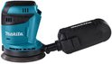 Turquoise en zwarte Makita excenterschuurmachine met losse stofopvangbak.