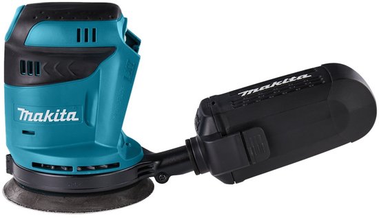 Turquoise en zwarte Makita excenterschuurmachine met losse stofopvangbak.