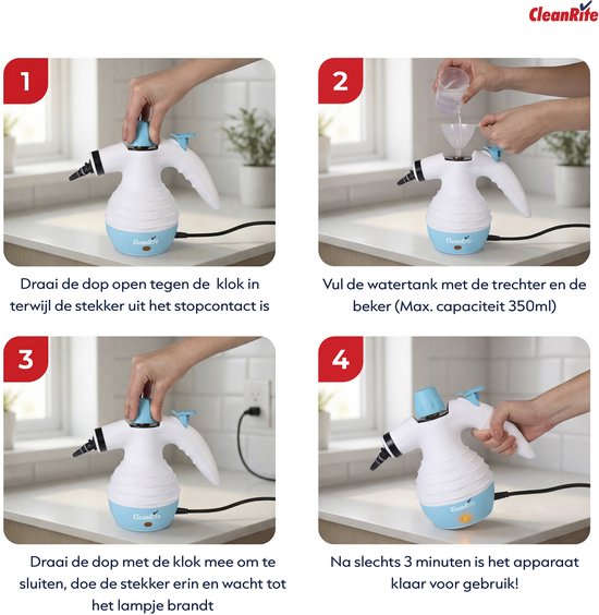 Vier stappen die laten zien hoe je de stoomreiniger vult en gebruikt. Afbeelding 1: dop losdraaien. Afbeelding 2: watertank vullen. Afbeelding 3: dop vastdraaien en stekker erin. Afbeelding 4: apparaat klaar voor gebruik.