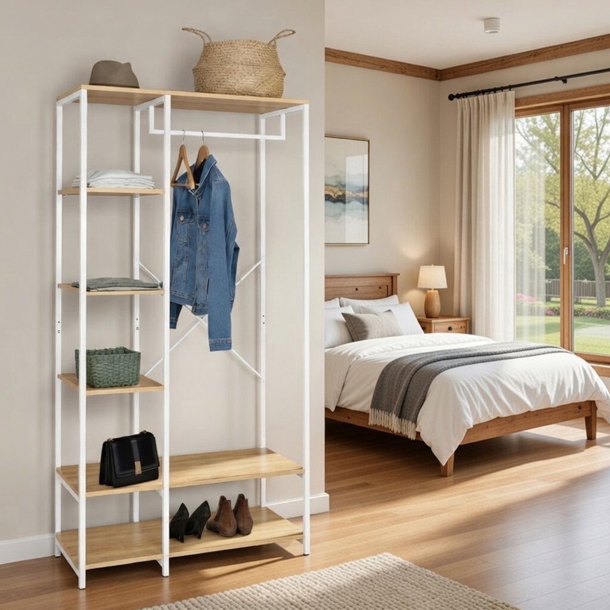 Detroit Industrieel Kledingkast Garderoberek – 90 cm – Hout en Metaal Wit – Moderne Inloopkast voor Slaapkamer en Hal – Robust & Stijlvol – Novihome