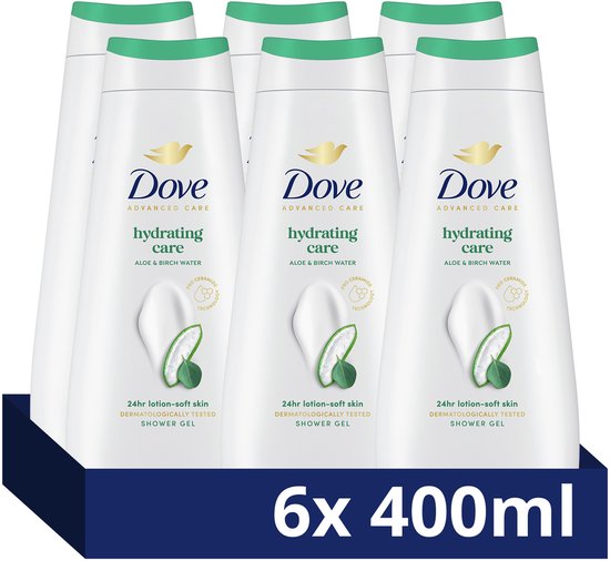 Zes witte Dove douchegel flessen in een donkerblauwe verpakking met '6x 400ml'.