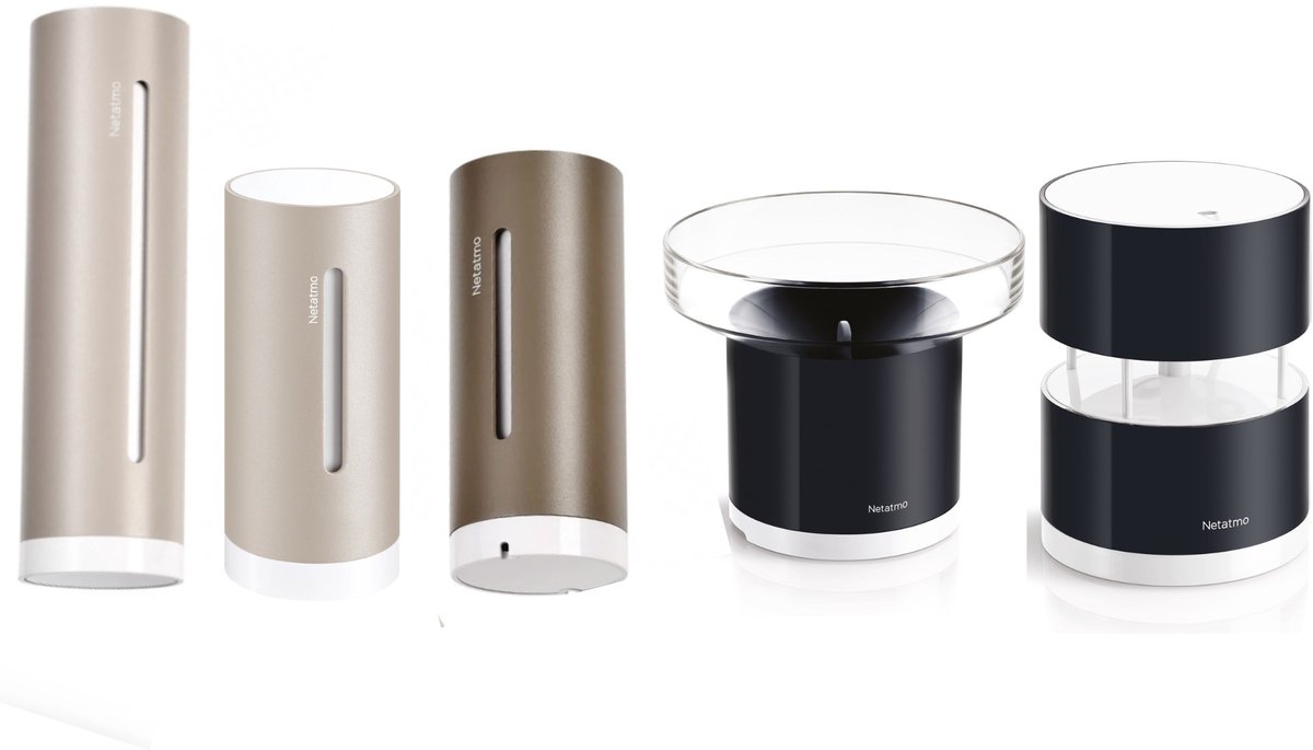 Netatmo Slim Weerstation – Weather Pack met Regenmeter, Windmeter & 2× Wandbeugel – Binnen & Buiten Weermeting – CO2 Meter & Luchtkwaliteit – Sand