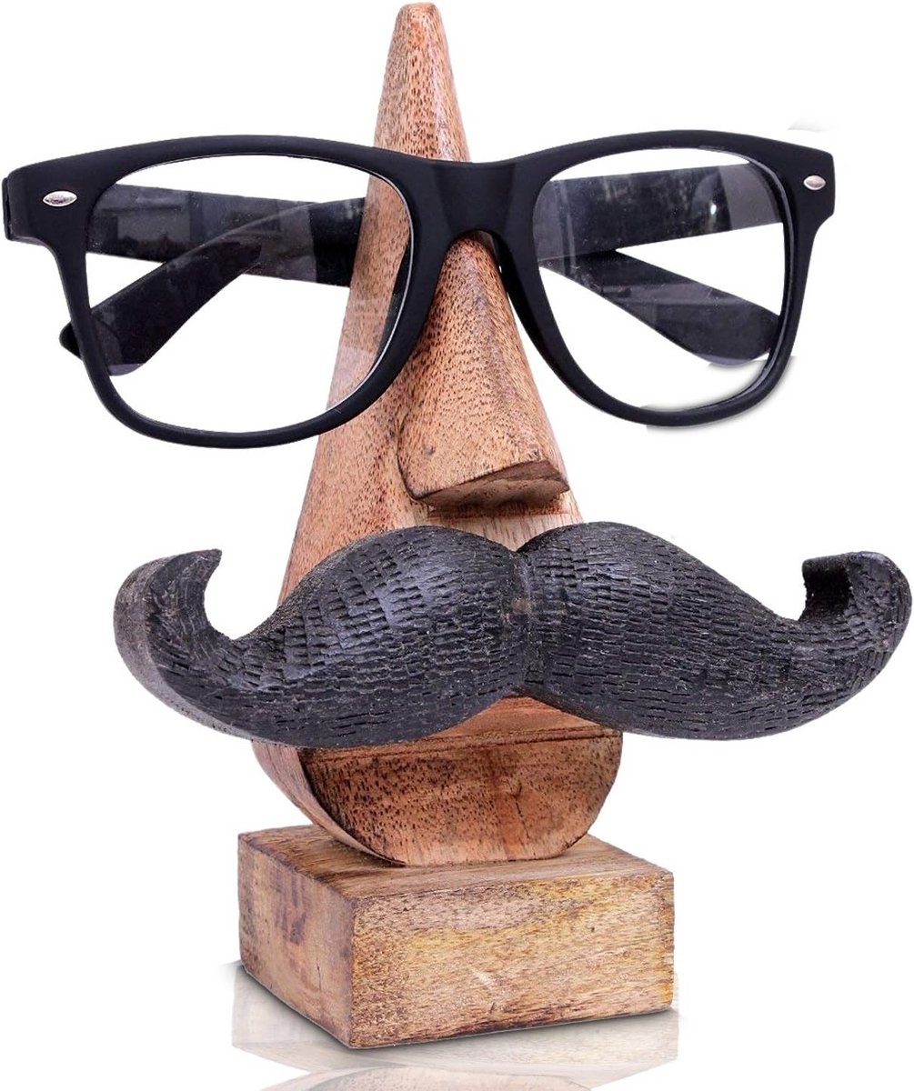 Houten Brilhouder Moustache met Spiegel - Bruin, 15 cm - Perfecte Verjaardagscadeau