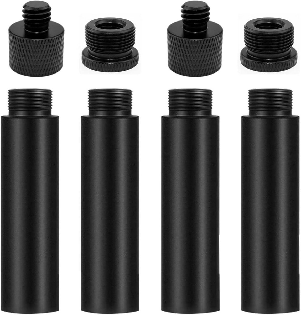 4 stuks microfoonverlengbuizen en 4 stuks microfoonschroefdraadadapters (3/8 bus naar 5/8 stekker en 5/8 bus naar 3/8 stekker), microfoonstandaard-adapter, voor statief en microfoonstandaard en camera