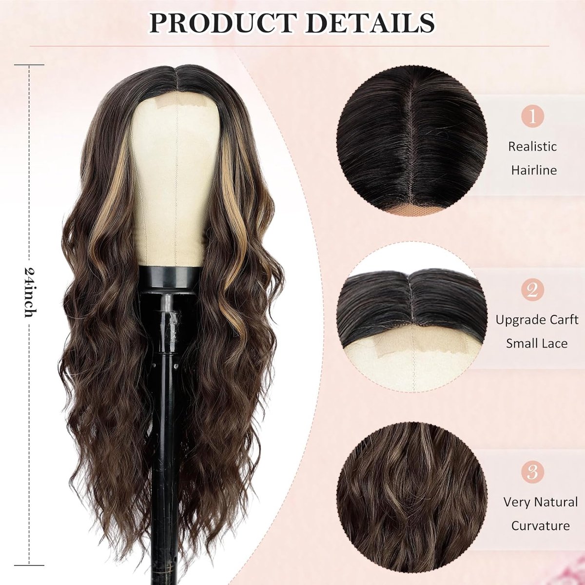 Oneay Ombre bruine damespruik 61 cm – Natural Body Wave pruik met lace scheiding – Hittebestendig synthetisch haar – Realistische haarlijn