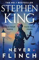Couverture du livre avec 'The No.1 Bestseller Stephen King NEVER FLINCH' et une statue de la Justice bandée tenant une balance.
