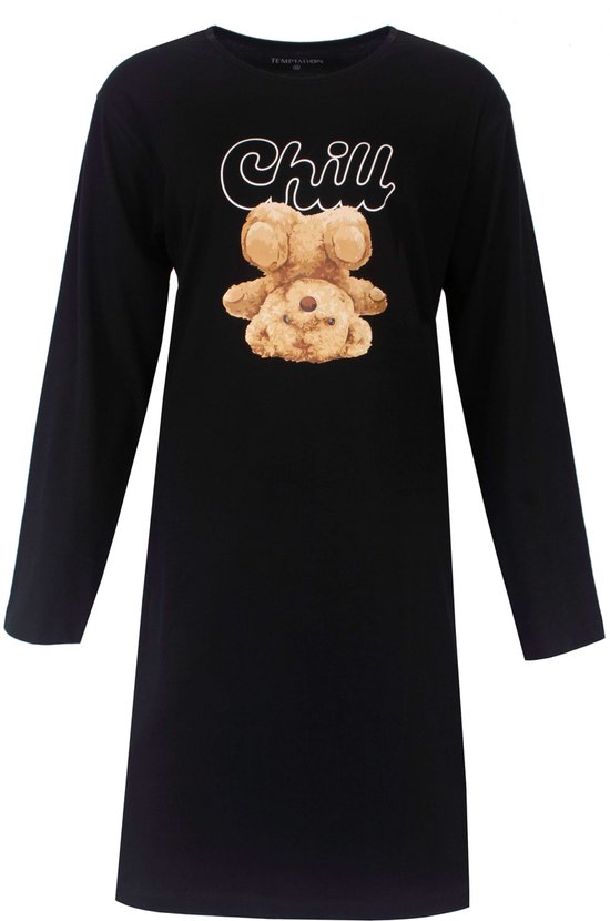 Chemise de nuit noire à manches longues avec un imprimé ours en peluche et le texte 'Chill'.