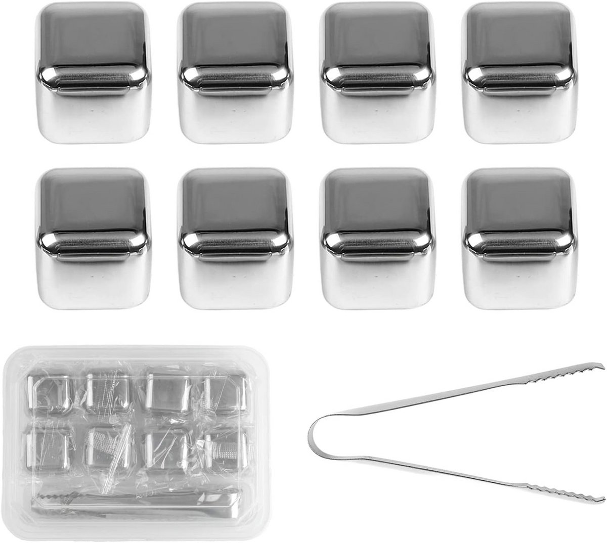 8 Stuks Herbruikbare RVS Chilling Rocks Whiskey Stones Geschenkset met Tang