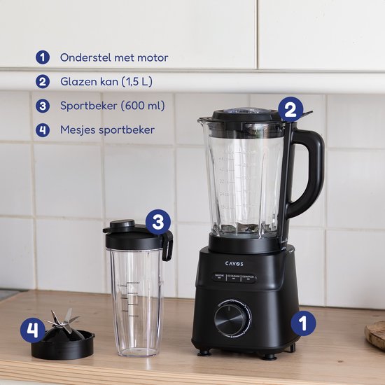 Cavos Blender 1200W - Smoothie Blender met Glazen Kan 1,5L & To-Go Beker 600ml - Ice Crush - Krachtige power blender - 5 Snelheden - RVS - Zwart van Merkloos — afbeelding 3