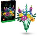 Een LEGO Wilde Bloemen Boeket set met paarse, blauwe, gele en roze bloemen. De doos toont ook het boeket.