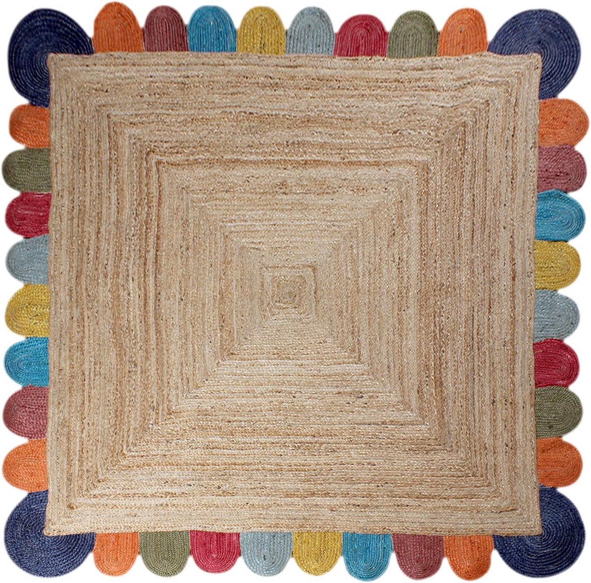 Ronde Jute Kelim Tapijt Beige & Veelkleurig - Handgevlochten Binnen Buiten Vloerkleed 90x9