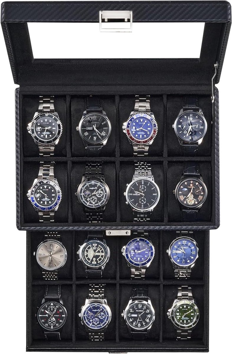 Slot Horloge Box met Lade en Glazen Deksel - Opbergkoffer voor Mannen - Sieraden Organizer met Display - Zwart Kleurvol Ontwerp