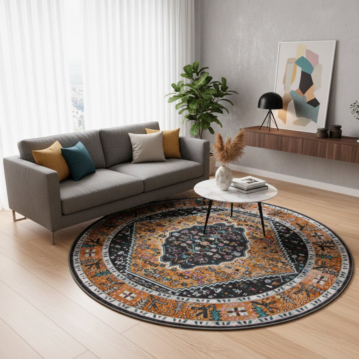 Muratap Picasso Paloma Rond Vintage Vloerkleed - Multi / Geel - Laagpolig- 160 CM Ø Multikleur