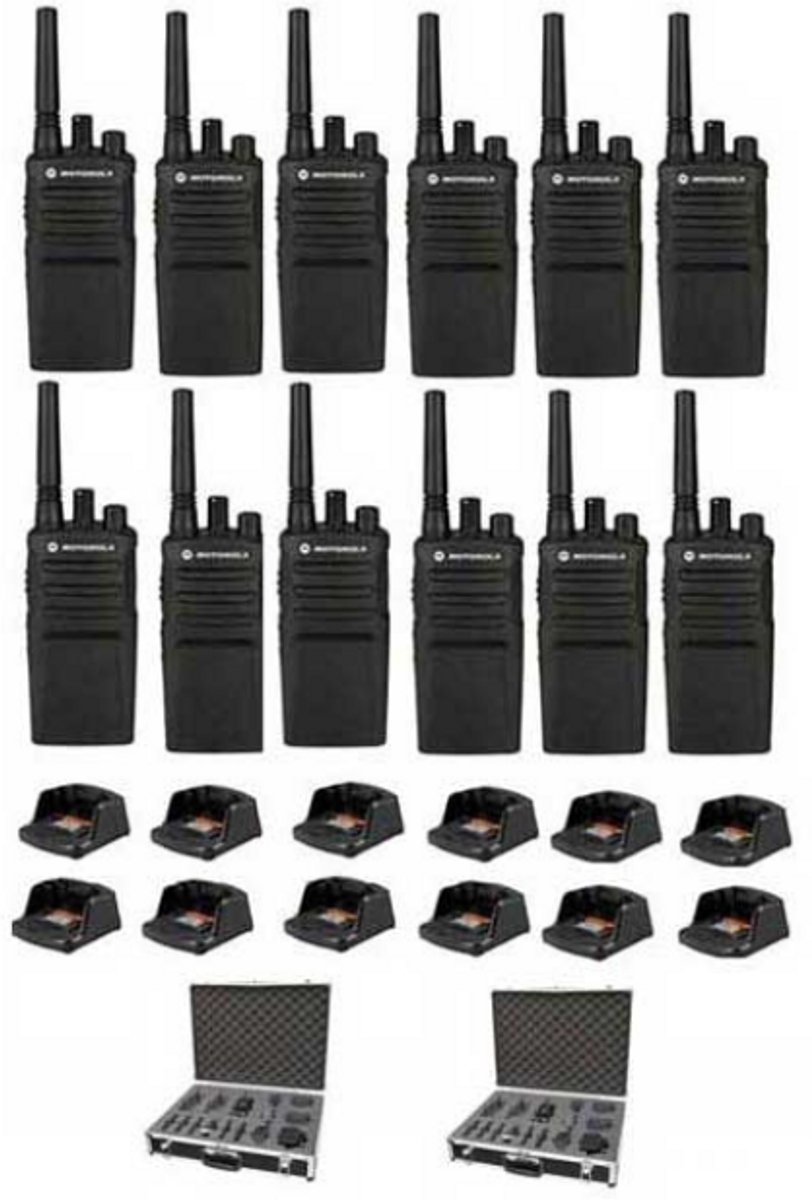 Set van 12 Motorola XT420 UHF IP55 PMR446 Portofoon met laders en koffer