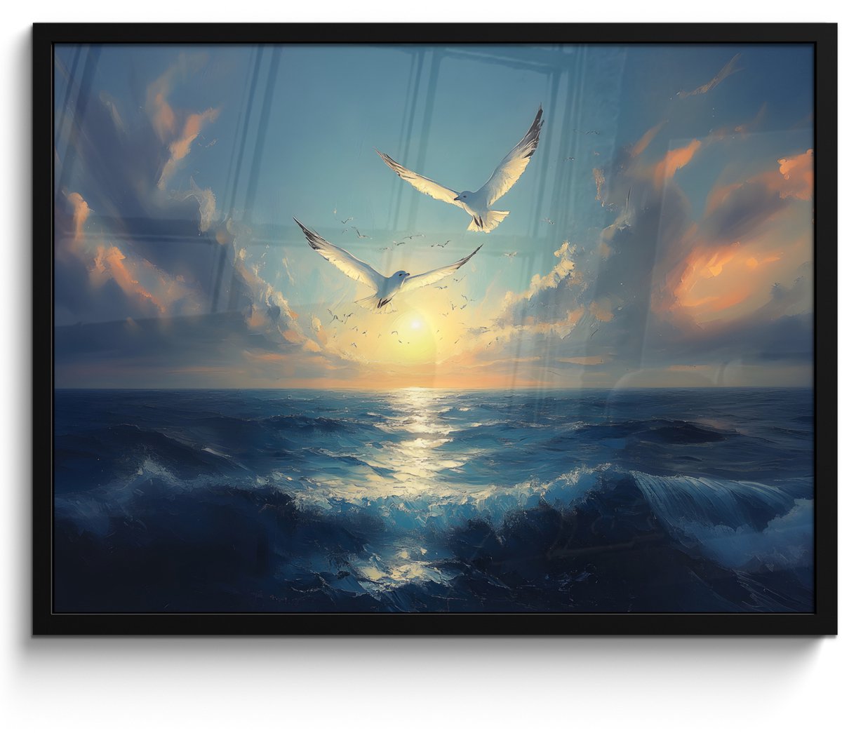 FrameYourWall Poster in lijst - Fotolijst 70x50 cm - Posters - Meeuwen - Zee - Wolken -Blauw - Posterlijst zwart - Decoratie - Wanddecoratie woonkamer - Muurdecoratie slaapkamer Meeuwen - Zee - Zon