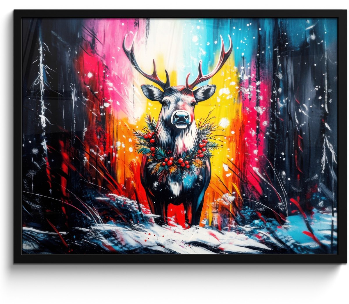 FrameYourWall Poster in lijst - Fotolijst 70x50 cm - Posters - Rendier - Gewei - Krans - Kleurrijk - Posterlijst zwart - Decoratie - Wanddecoratie woonkamer - Muurdecoratie slaapkamer