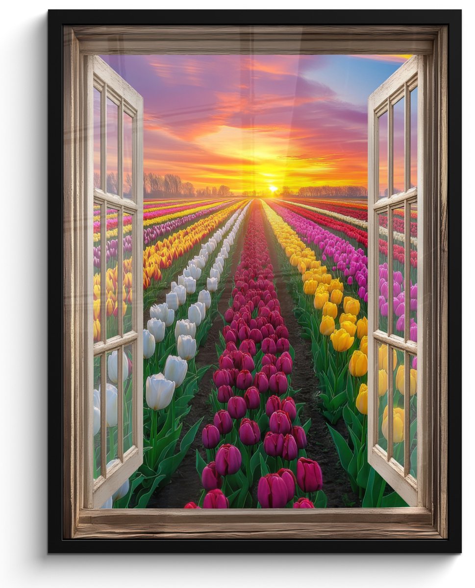 FrameYourWall Poster in lijst - Fotolijst 50x70 cm - Posters - Doorkijk - Bloemen - Tulpen - Kleurrijk - Zonsondergang - Posterlijst zwart - Decoratie - Wanddecoratie woonkamer - Muurdecoratie slaapkamer