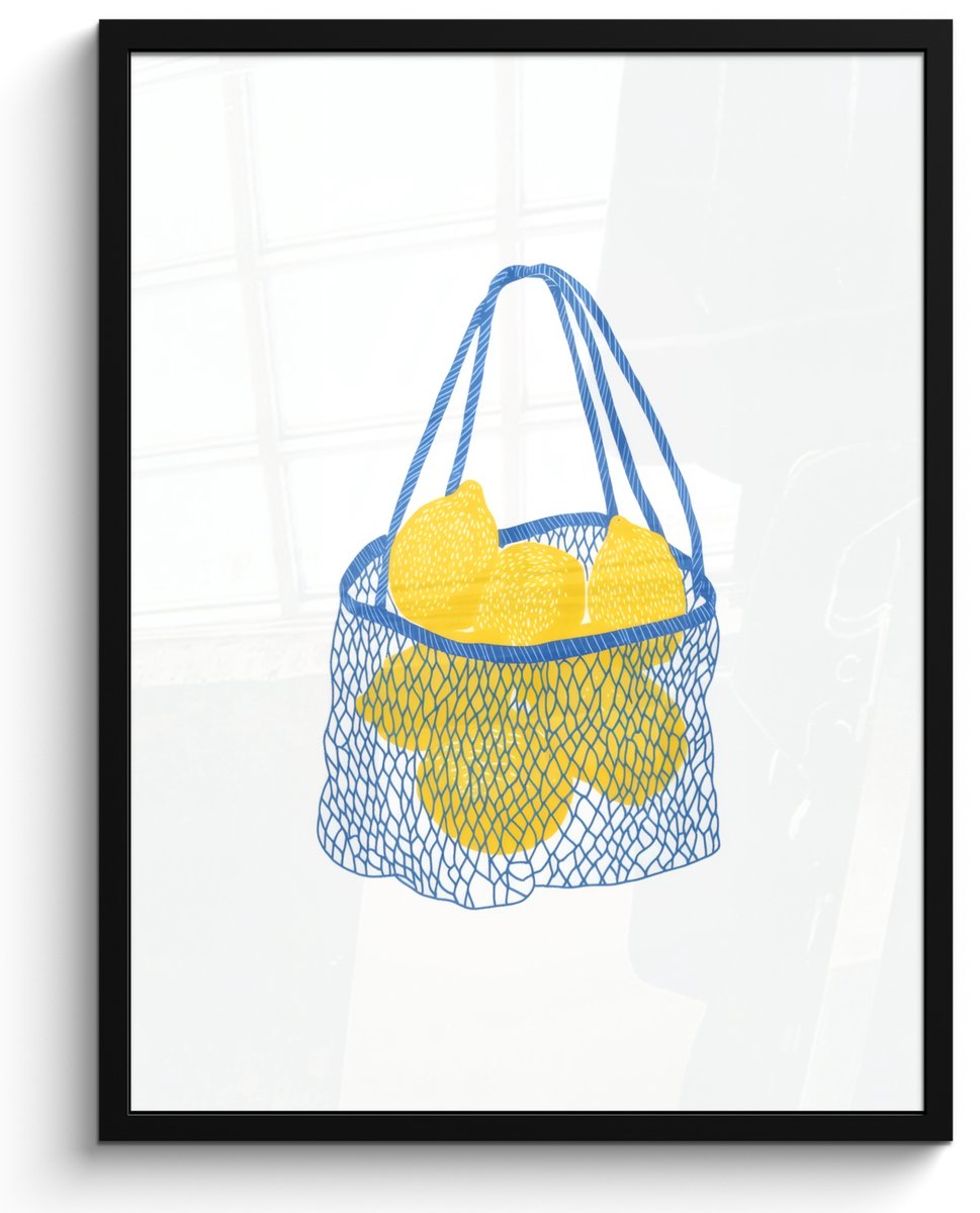 FrameYourWall Poster in lijst - Fotolijst 50x70 cm - Posters - Tas - Blauw - Citroenen - Illustratie - Posterlijst zwart - Decoratie - Wanddecoratie woonkamer - Muurdecoratie slaapkamer Tas - Citroenen