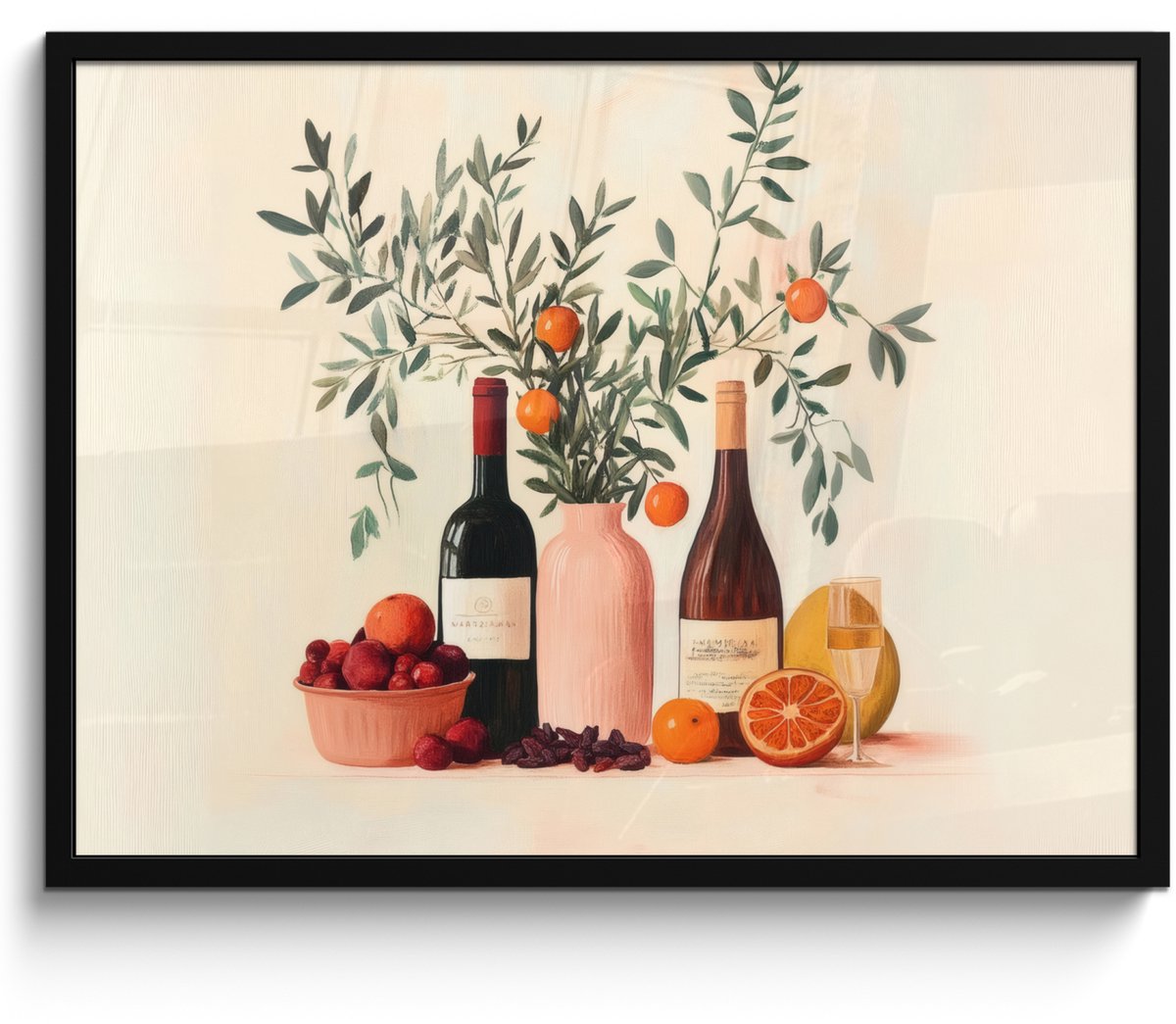 FrameYourWall Poster in lijst - Fotolijst 70x50 cm - Posters - Wijnflessen - Takken - Sinaasappels - Posterlijst zwart - Decoratie - Wanddecoratie woonkamer - Muurdecoratie slaapkamer Wijnflessen - Sinaasappels