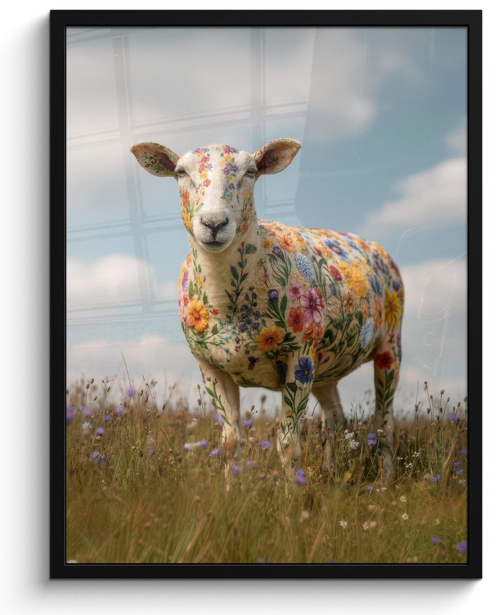 FrameYourWall Poster in lijst - Fotolijst 50x70 cm - Posters - Schaap - Bloemen - Weide - Posterlijst zwart - Decoratie - Wanddecoratie woonkamer - Muurdecoratie slaapkamer