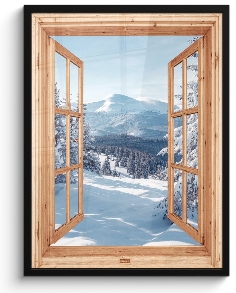 FrameYourWall Poster in lijst - Fotolijst 50x70 cm - Posters - Doorkijk - Winterlandschap - Natuur - Berg - Bomen - Hout - Posterlijst zwart - Decoratie - Wanddecoratie woonkamer - Muurdecoratie slaapkamer