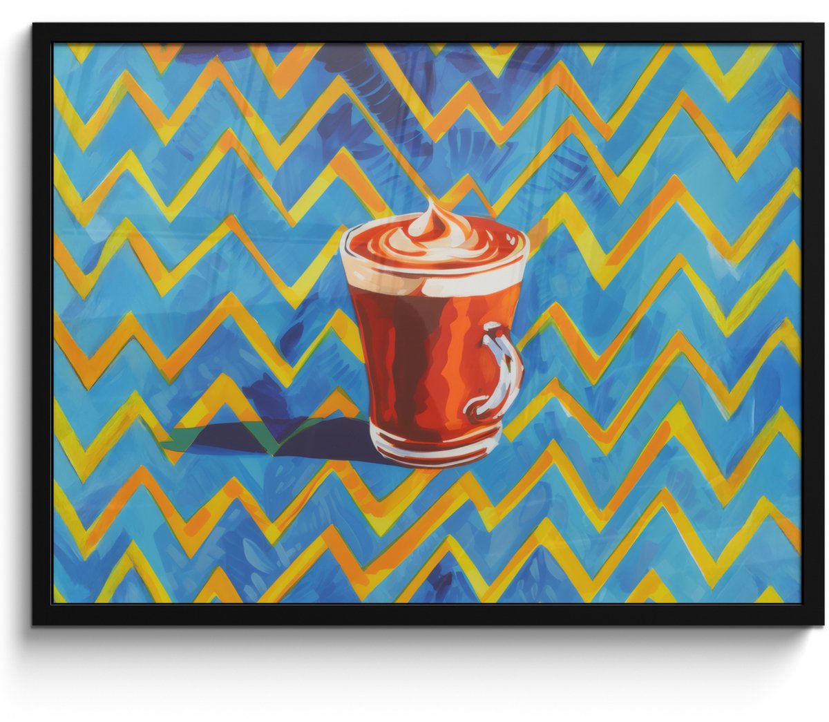 FrameYourWall Poster in lijst - Fotolijst 70x50 cm - Posters - Mok - Koffie - Zigzag - Slagroom - Posterlijst zwart - Decoratie - Wanddecoratie woonkamer - Muurdecoratie slaapkamer Mok - Schuim