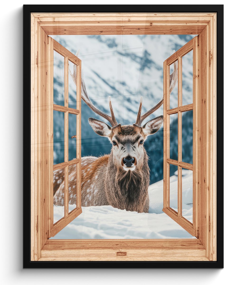 FrameYourWall Poster in lijst - Fotolijst 50x70 cm - Posters - Doorkijk - Hert - Landschap - Winter - Natuur - Dieren - Bergen - Posterlijst zwart - Decoratie - Wanddecoratie woonkamer - Muurdecoratie slaapkamer