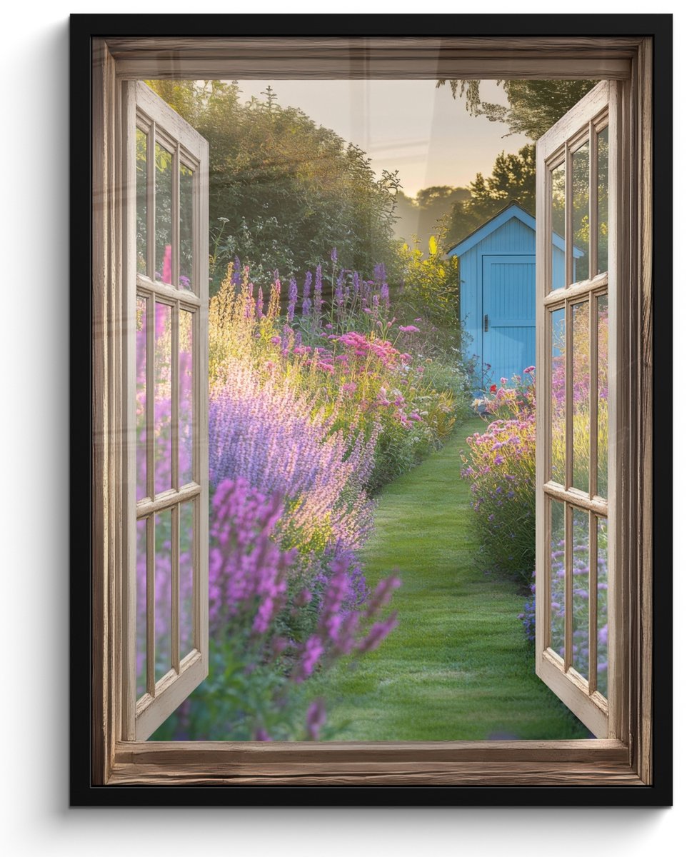 FrameYourWall Poster in lijst - Fotolijst 50x70 cm - Posters - Doorkijk - Bloemen - Raam - Natuur - Posterlijst zwart - Decoratie - Wanddecoratie woonkamer - Muurdecoratie slaapkamer Lavendel - Tuin