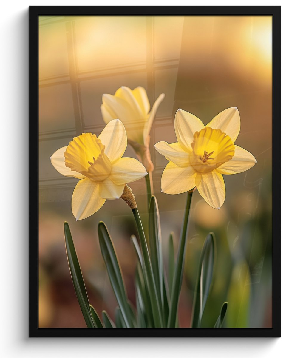 FrameYourWall Poster in lijst - Fotolijst 50x70 cm - Posters - Bloemen - Geel - Wazig - Posterlijst zwart - Decoratie - Wanddecoratie woonkamer - Muurdecoratie slaapkamer Narcissen