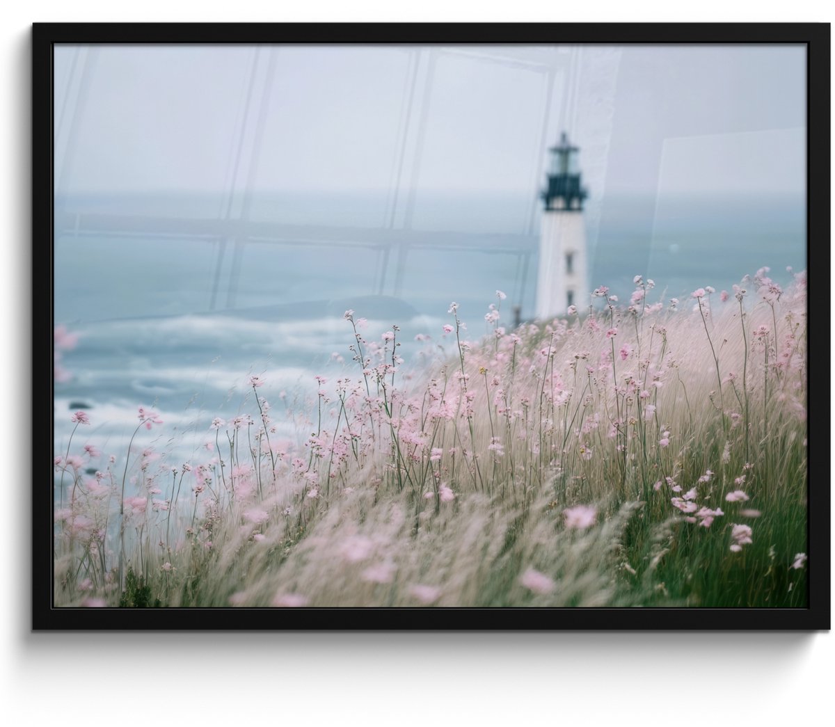 FrameYourWall Poster in lijst - Fotolijst 70x50 cm - Posters - Vuurtoren - Klif - Zee - Bloemen - Posterlijst zwart - Decoratie - Wanddecoratie woonkamer - Muurdecoratie slaapkamer