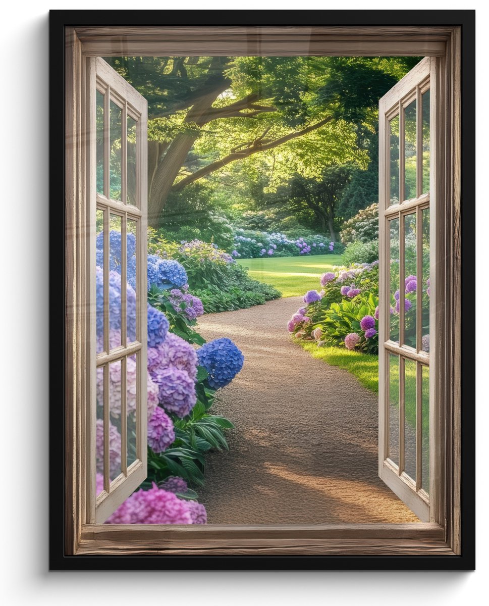 FrameYourWall Poster in lijst - Fotolijst 50x70 cm - Posters - Doorkijk - Tuin - Raam - Hortensia - Bloemen - Posterlijst zwart - Decoratie - Wanddecoratie woonkamer - Muurdecoratie slaapkamer Hortensia - Tuin
