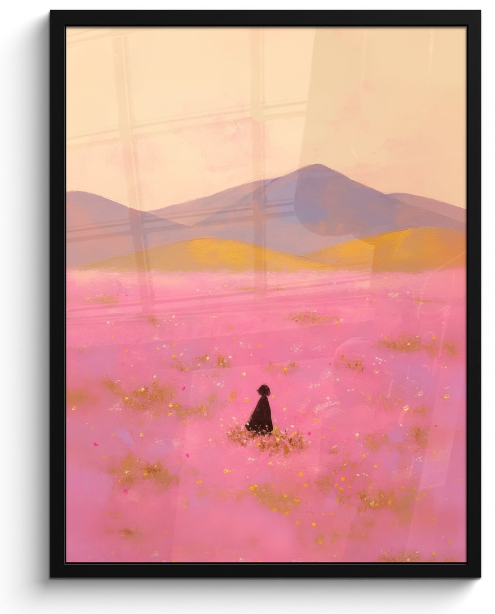 FrameYourWall Poster in lijst - Fotolijst 50x70 cm - Posters - Bloemenweide - Heuvels - Silhouet - Roze - Posterlijst zwart - Decoratie - Wanddecoratie woonkamer - Muurdecoratie slaapkamer