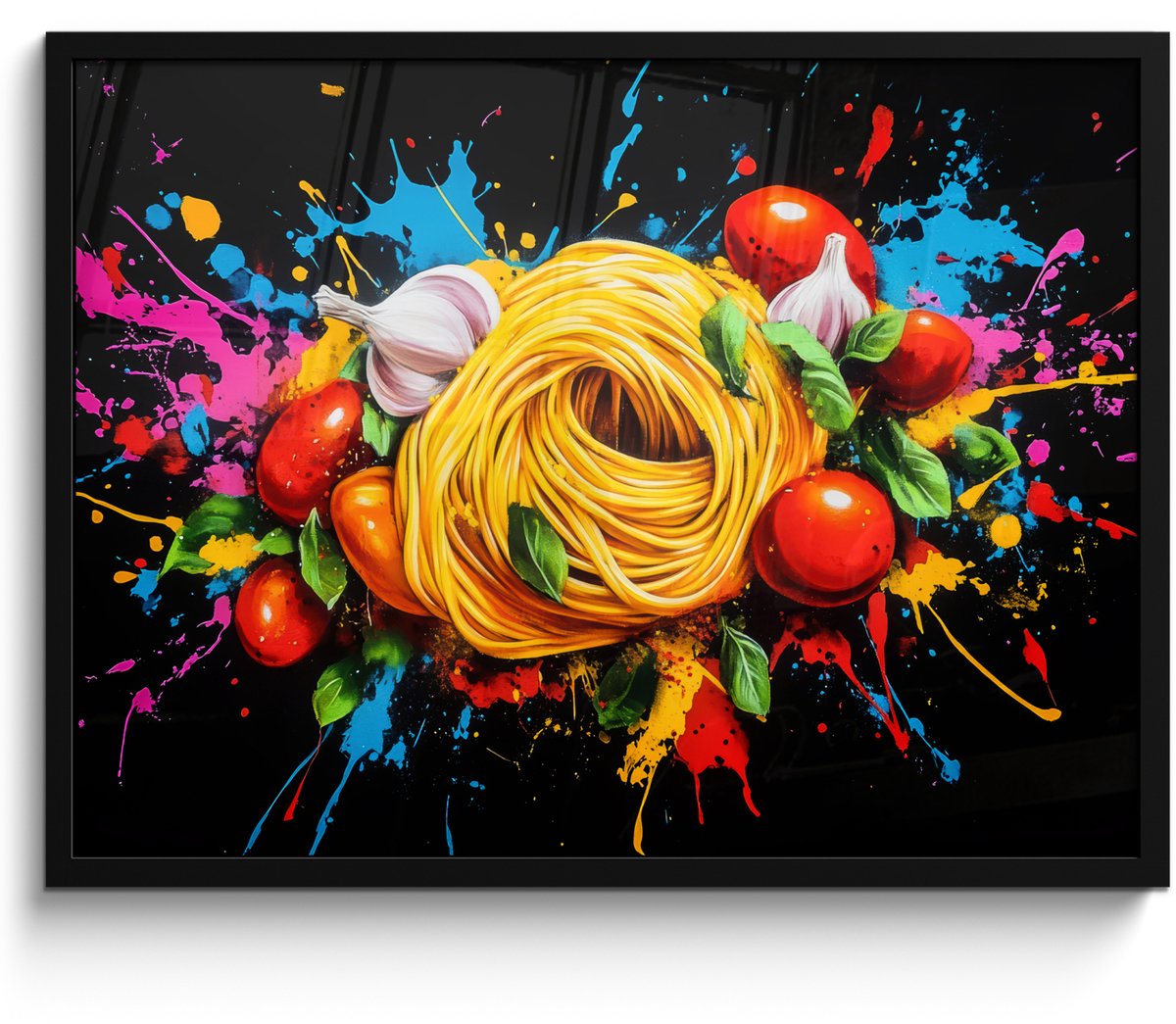 FrameYourWall Poster in lijst - Fotolijst 70x50 cm - Posters - Spaghetti - Graffiti - Verf - Kleurrijk - Eten - Modern - Posterlijst zwart - Decoratie - Wanddecoratie woonkamer - Muurdecoratie slaapkamer Graffiti - Spaghetti