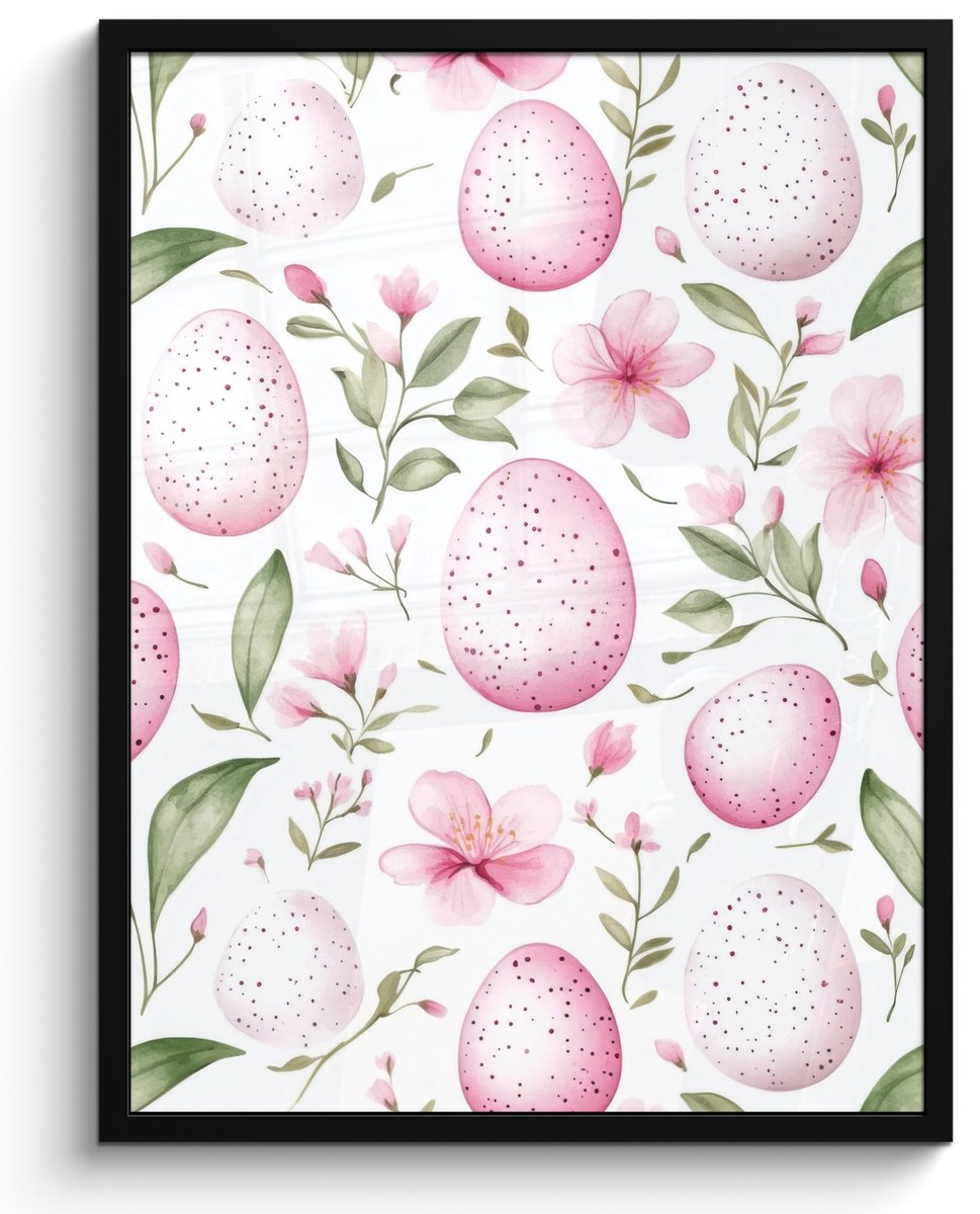 FrameYourWall Poster in lijst - Fotolijst 50x70 cm - Posters - Patroon - Eieren - Roze - Pasen - Posterlijst zwart - Decoratie - Wanddecoratie woonkamer - Muurdecoratie slaapkamer