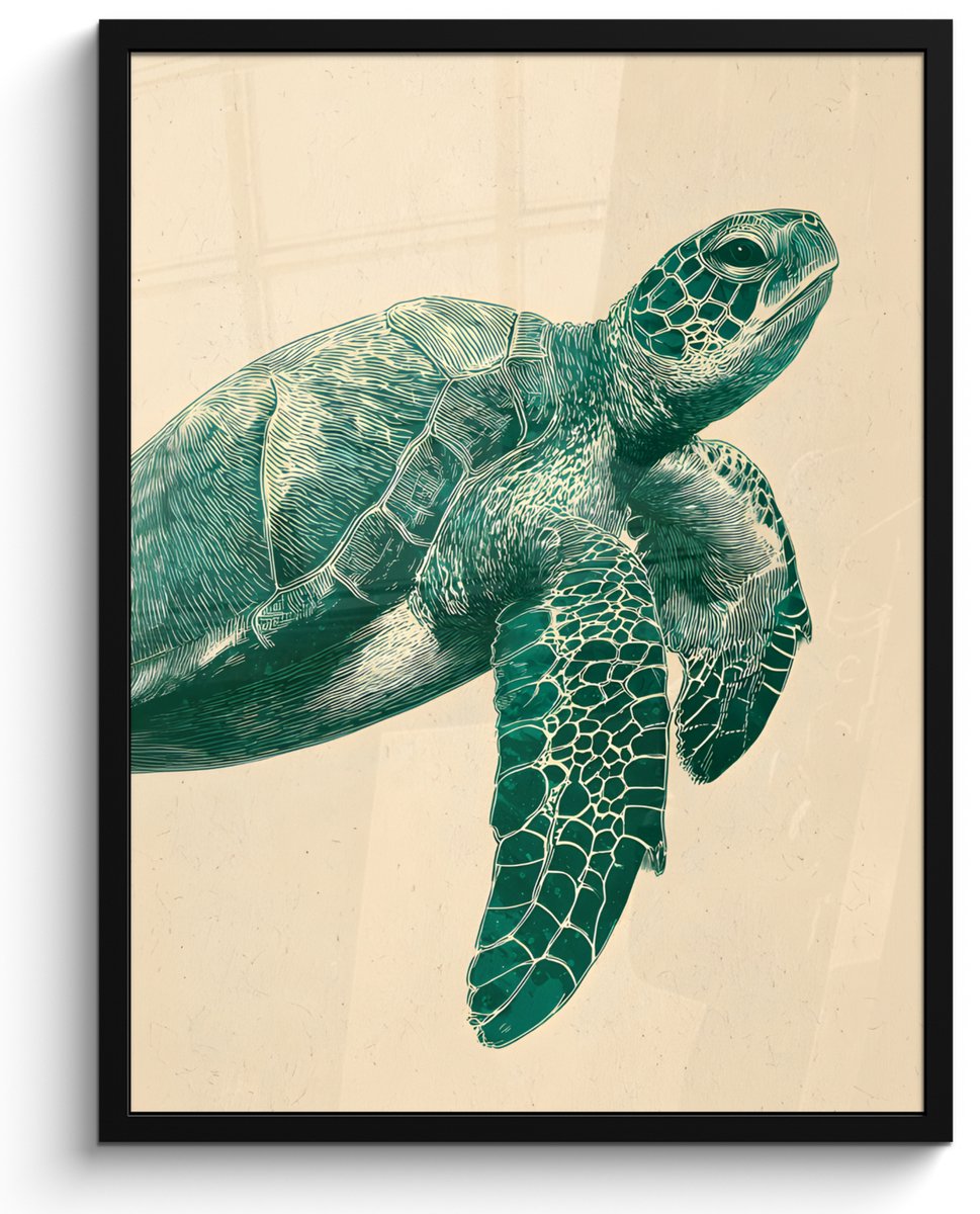 FrameYourWall Poster in lijst - Fotolijst 50x70 cm - Posters - Schildpad - Sierlijk - Groen - Schild - Posterlijst zwart - Decoratie - Wanddecoratie woonkamer - Muurdecoratie slaapkamer