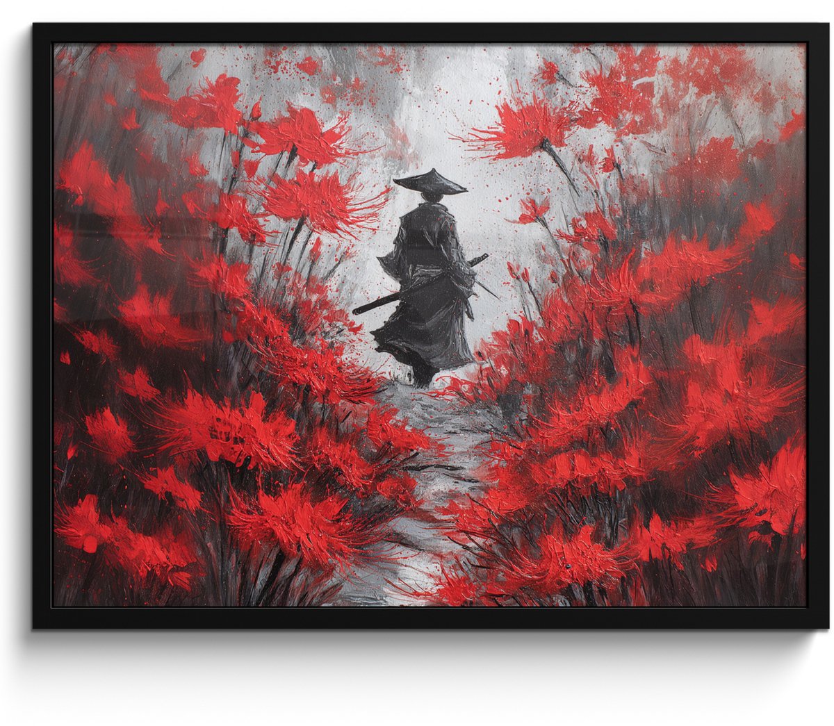 FrameYourWall Poster in lijst - Fotolijst 70x50 cm - Posters - Rode bloemen - mistig - Man - Posterlijst zwart - Decoratie - Wanddecoratie woonkamer - Muurdecoratie slaapkamer Bloemen - Man - Mistig