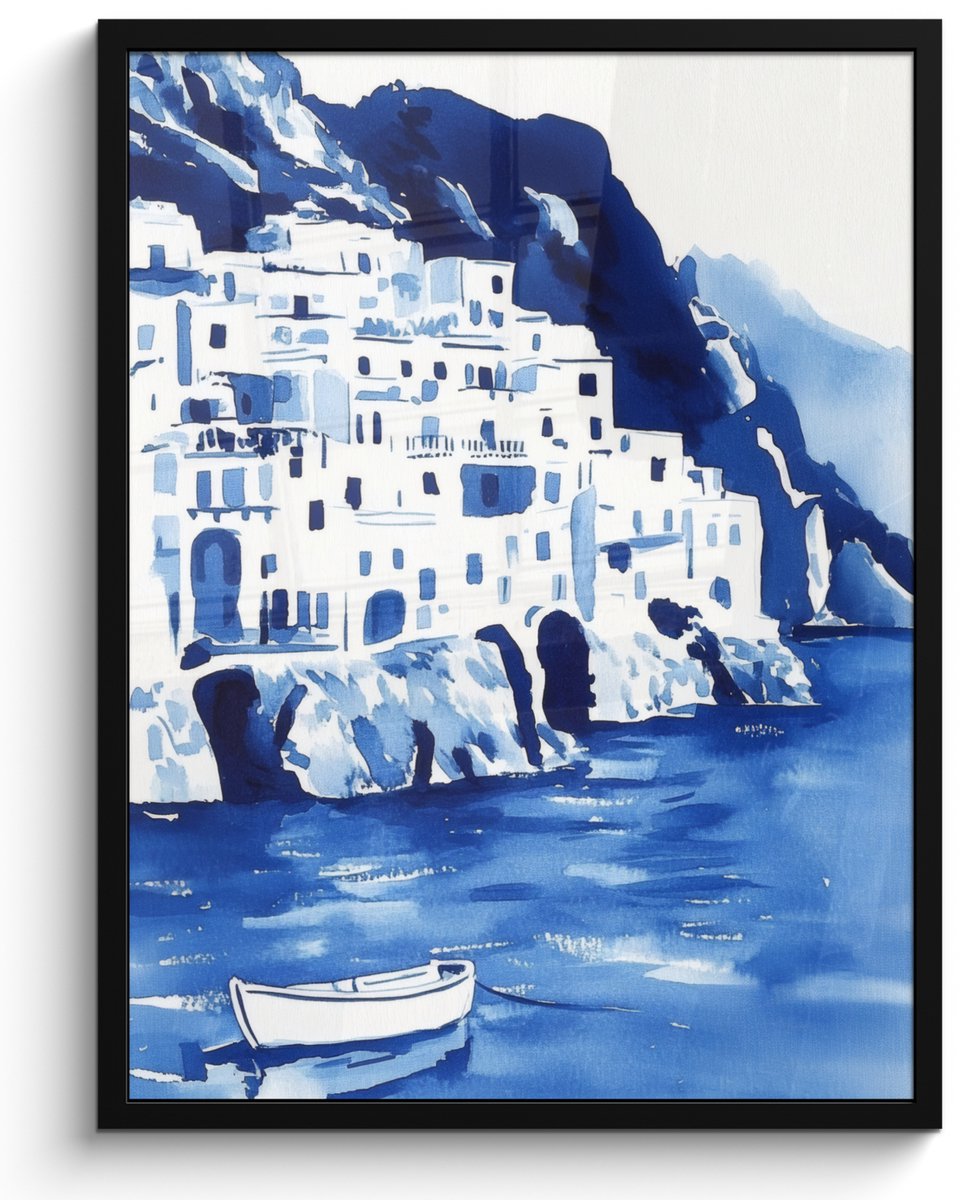 FrameYourWall Poster in lijst - Fotolijst 50x70 cm - Posters - Dorp - Rotswand - Roeiboot - Water - Posterlijst zwart - Decoratie - Wanddecoratie woonkamer - Muurdecoratie slaapkamer Dorp - Water - Roeiboot