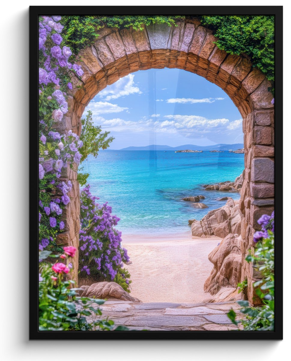FrameYourWall Poster in lijst - Fotolijst 50x70 cm - Posters - Doorkijk - Poort - Zee - Strand - Rotsen - Posterlijst zwart - Decoratie - Wanddecoratie woonkamer - Muurdecoratie slaapkamer