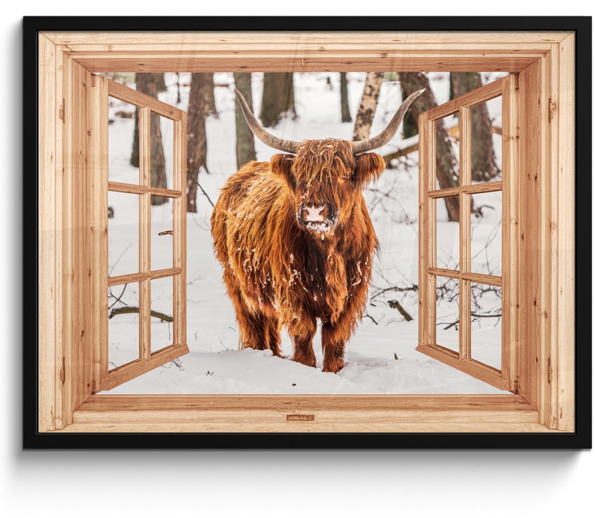 FrameYourWall Poster in lijst - Fotolijst 70x50 cm - Posters - Schotse Hooglander - Winter - Landschap - Natuur - Dieren - Doorkijk - Posterlijst zwart - Decoratie - Wanddecoratie woonkamer - Muurdecoratie slaapkamer