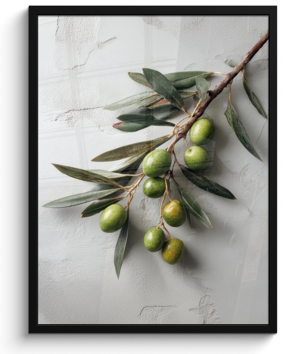 FrameYourWall Poster in lijst - Fotolijst 50x70 cm - Posters - Olijventak - Beton - Mediterraan - Posterlijst zwart - Decoratie - Wanddecoratie woonkamer - Muurdecoratie slaapkamer Olijf - Tak