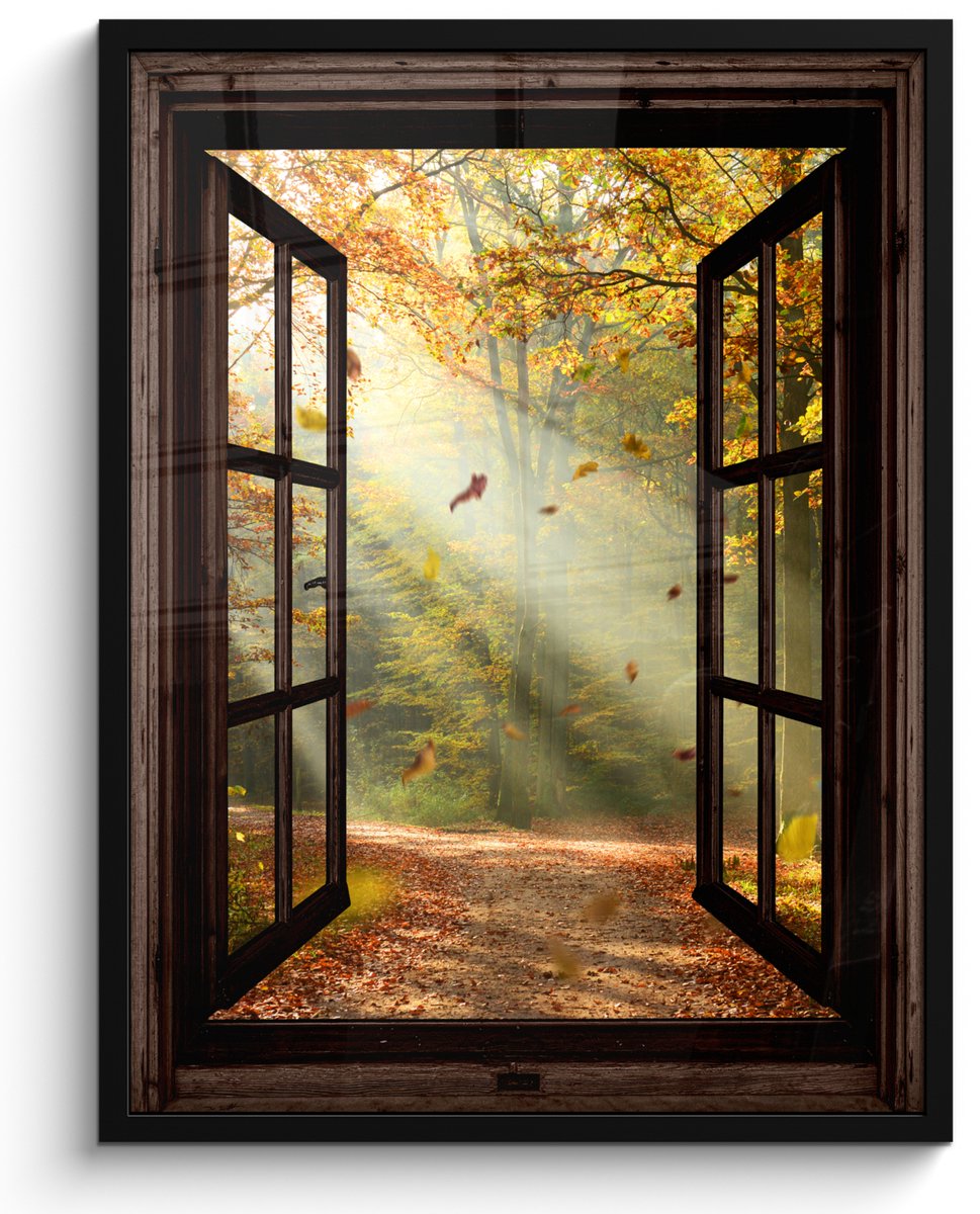 FrameYourWall Poster in lijst - Fotolijst 50x70 cm - Posters - Bos - Bomen - Herfst - Zon - Herfstbladeren - Natuur - Doorkijk - Posterlijst zwart - Decoratie - Wanddecoratie woonkamer - Muurdecoratie slaapkamer Bruin