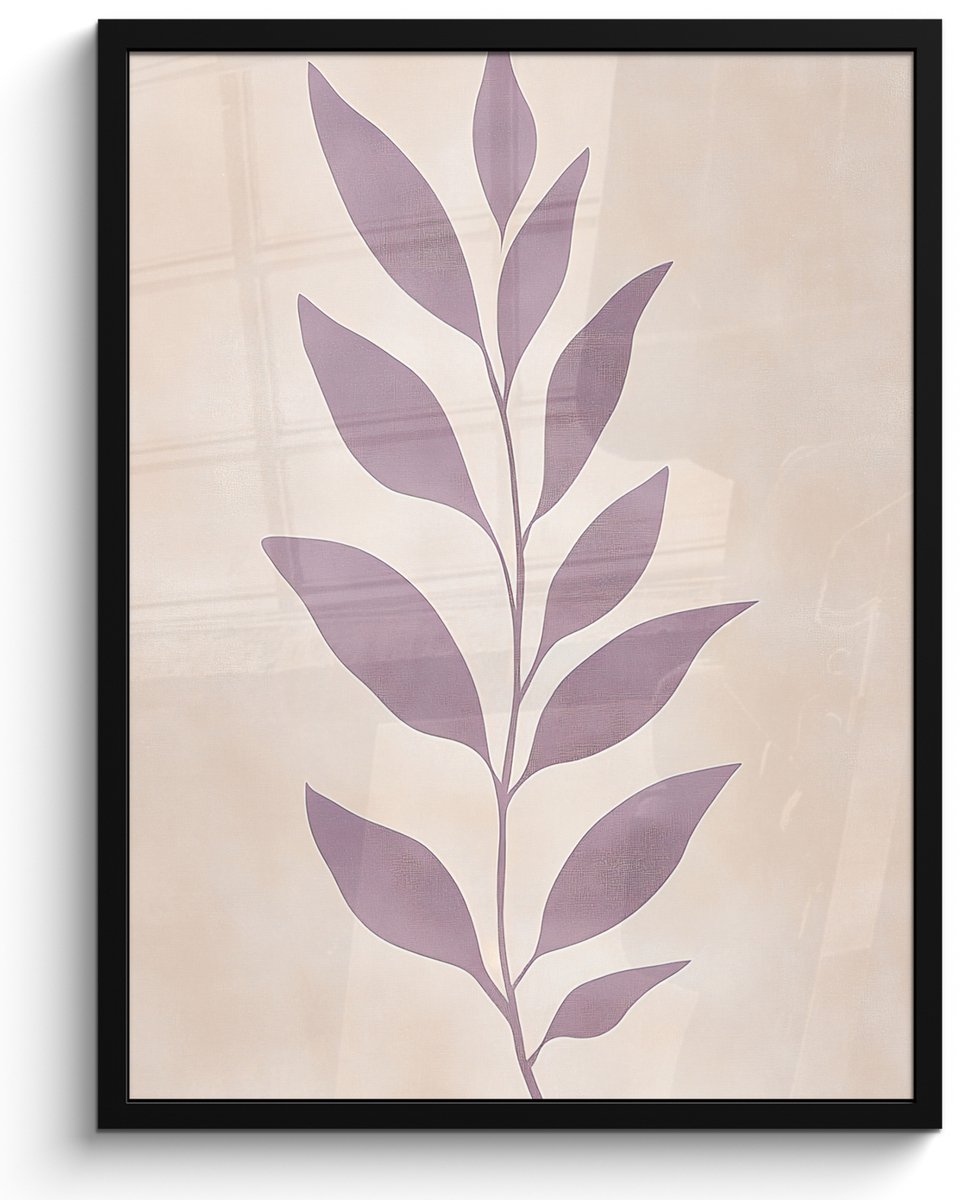 FrameYourWall Poster in lijst - Fotolijst 50x70 cm - Posters - Tak - Bladeren - Minimalistisch - Beige - Posterlijst zwart - Decoratie - Wanddecoratie woonkamer - Muurdecoratie slaapkamer Blad - Minimalistisch