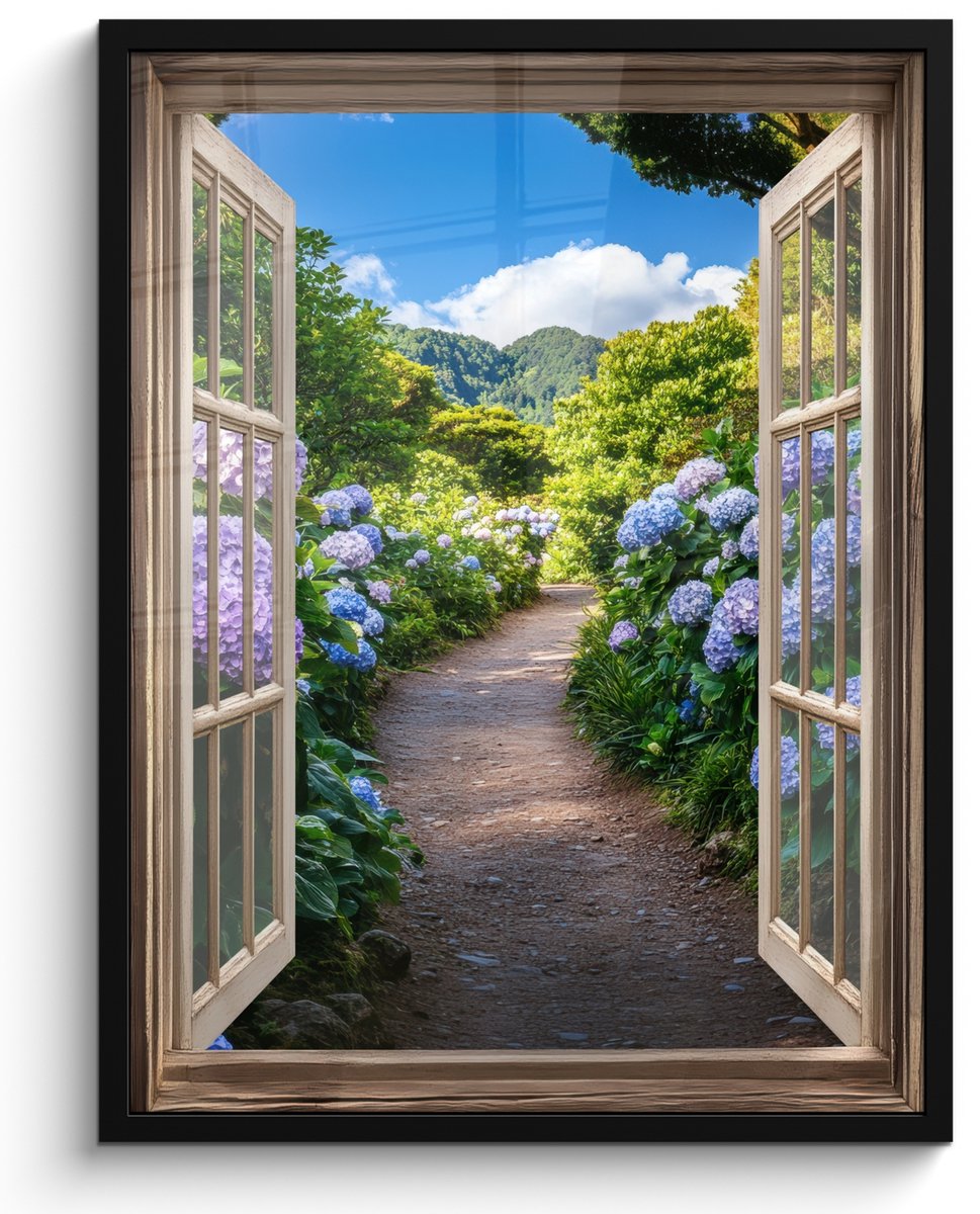 FrameYourWall Poster in lijst - Fotolijst 50x70 cm - Posters - Doorkijk - Hortensia - Pad - Natuur - Posterlijst zwart - Decoratie - Wanddecoratie woonkamer - Muurdecoratie slaapkamer