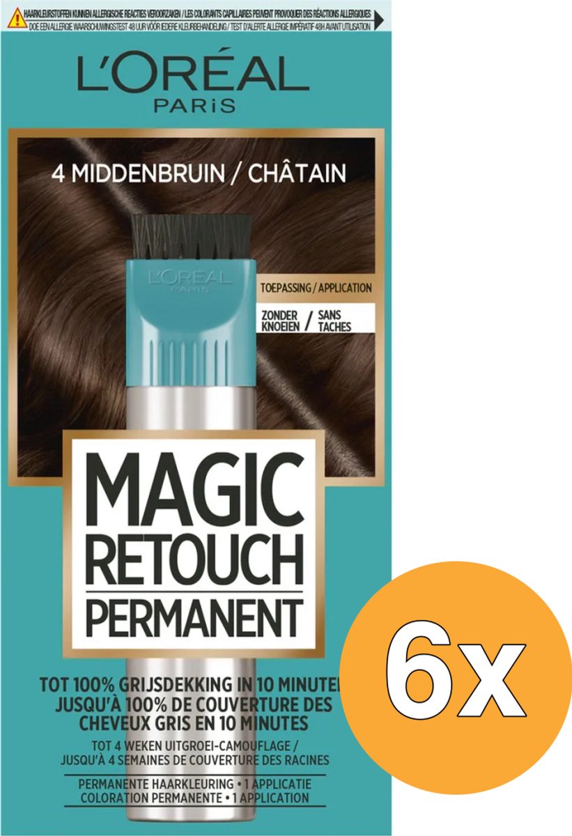 6x L'Oréal Paris Magic Retouch Nr. 4 Middenbruin (1 stuk)