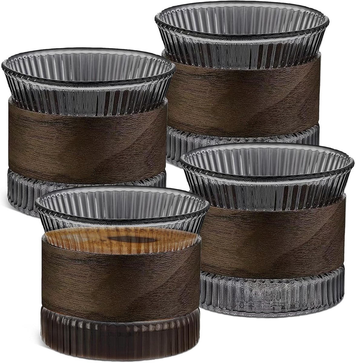 Set van 4 glazen espressokopjes van 150 ml met walnoothouten bekerhuls