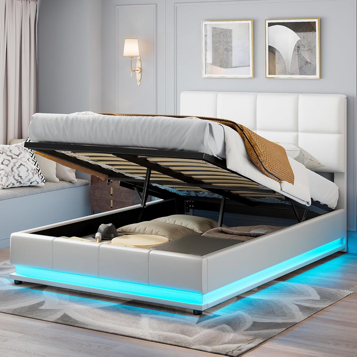 Gestoffeerd bed 140x200 met LED-verlichting en opbergruimte, modern tweepersoonsbed met la